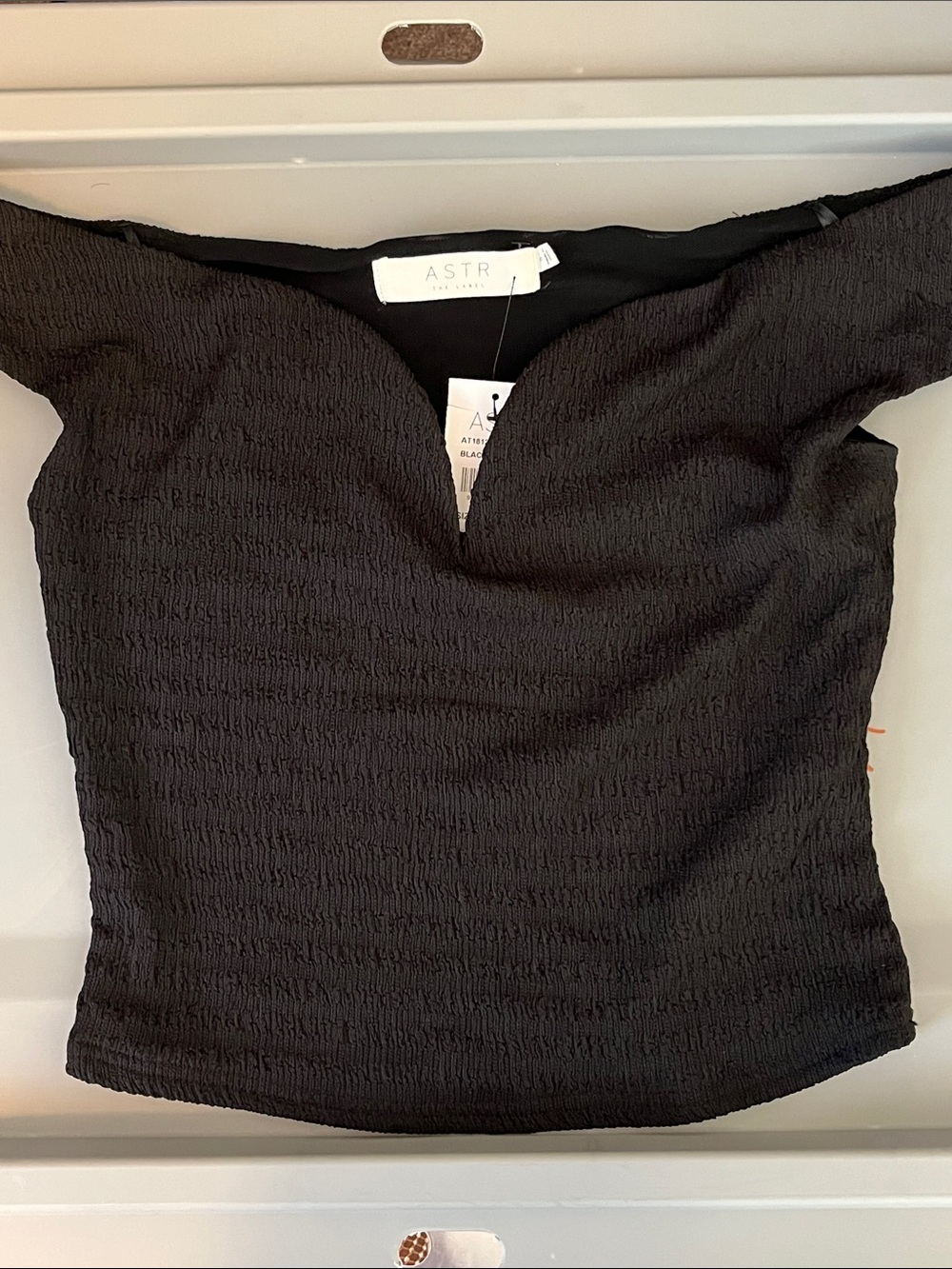NWT Astr Black Textured Off-Shoulder V-Notch Crop Top